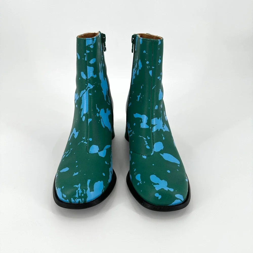 Camper Kiara Green Blue Paint Splatter Leather Ankle Boots Block Heel EU 38 US 8